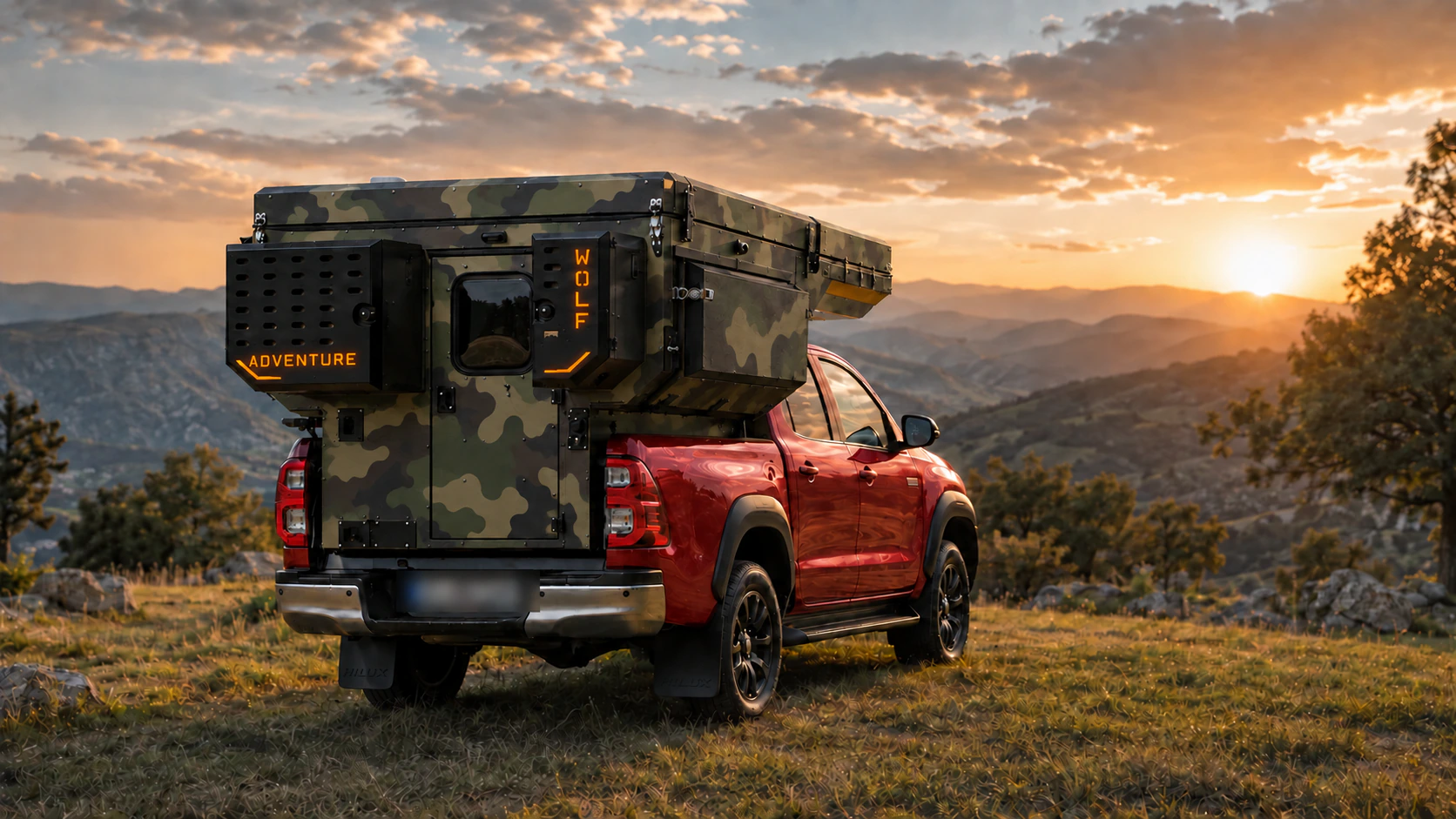 Rear three-quarter view of the Toyota Hilux in red with WOLF ADVENTURE in Army camouflage.