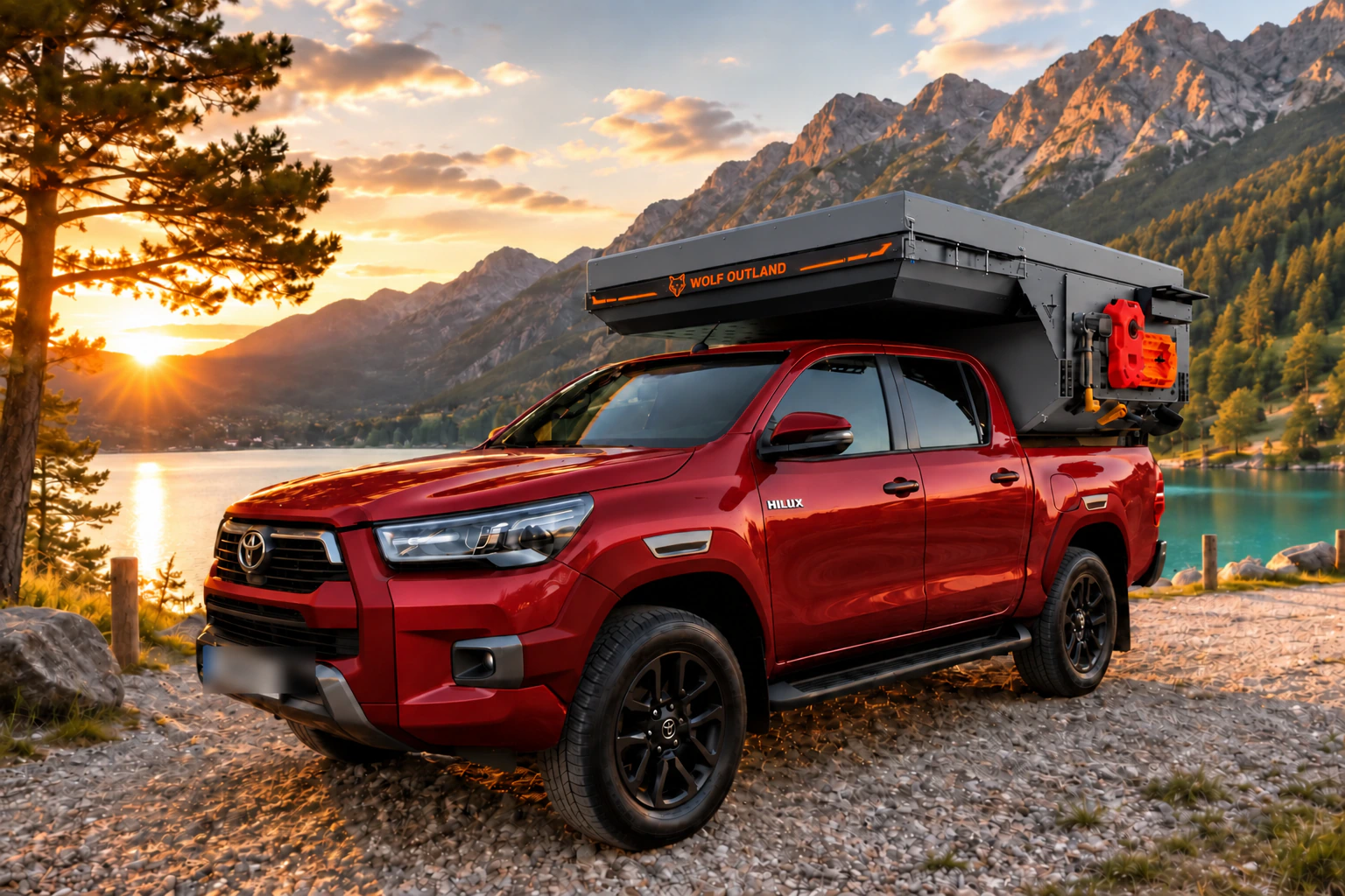 Front three-quarter view of the Toyota Hilux in red with WOLF ADVENTURE in Mineral grey.