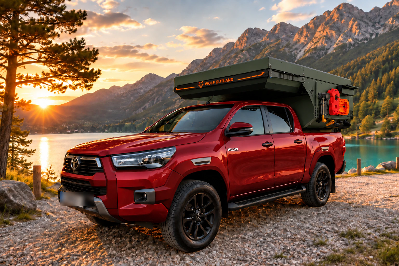 Front three-quarter view of the Toyota Hilux in red with WOLF ADVENTURE in Tactical olive.