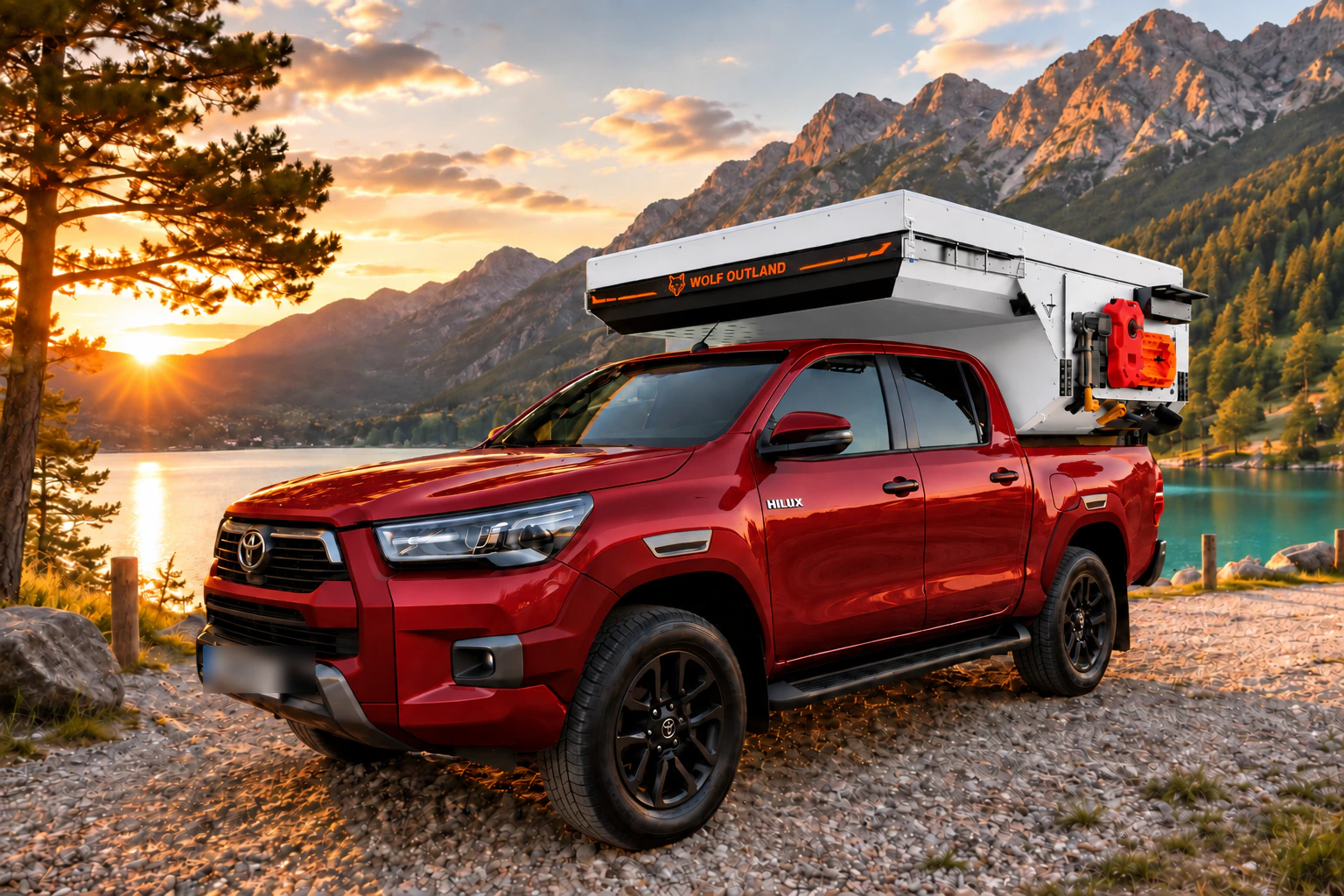 Front three-quarter view of the Toyota Hilux in red with WOLF ADVENTURE in Glacier white.