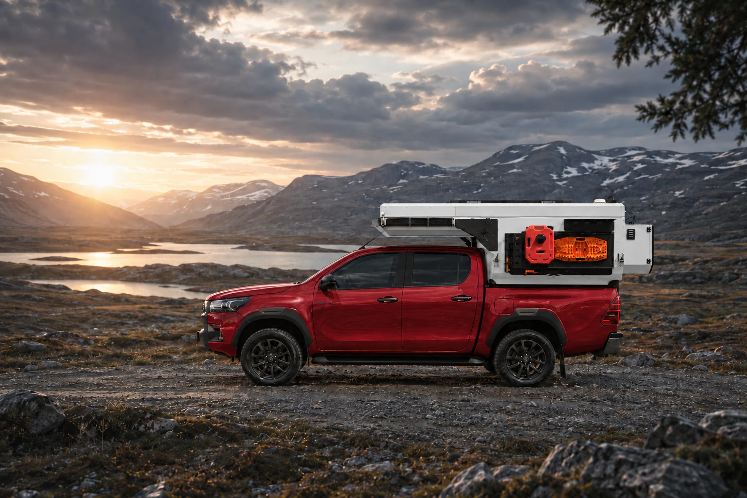 Side view of the Toyota Hilux in red with WOLF ADVENTURE in Glacier white.