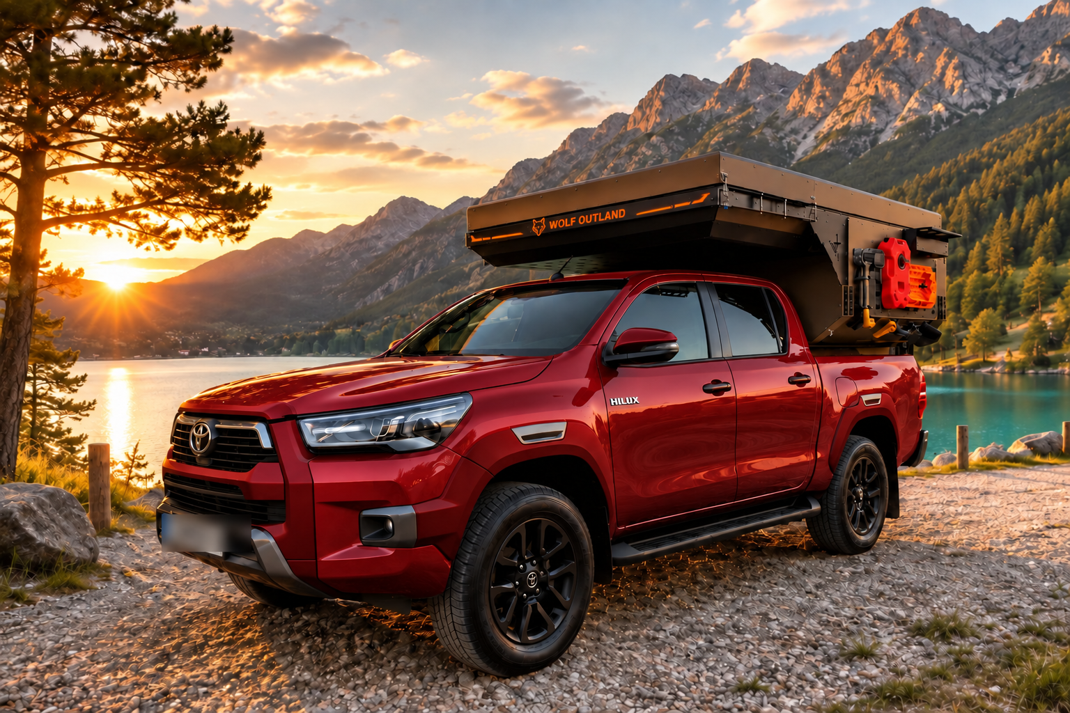 Front three-quarter view of the Toyota Hilux in red with WOLF ADVENTURE in Bronze.