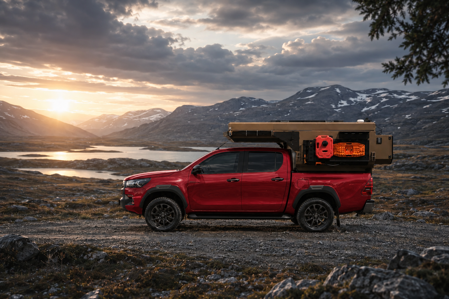 Side view of the Toyota Hilux in red with WOLF ADVENTURE in Bronze.