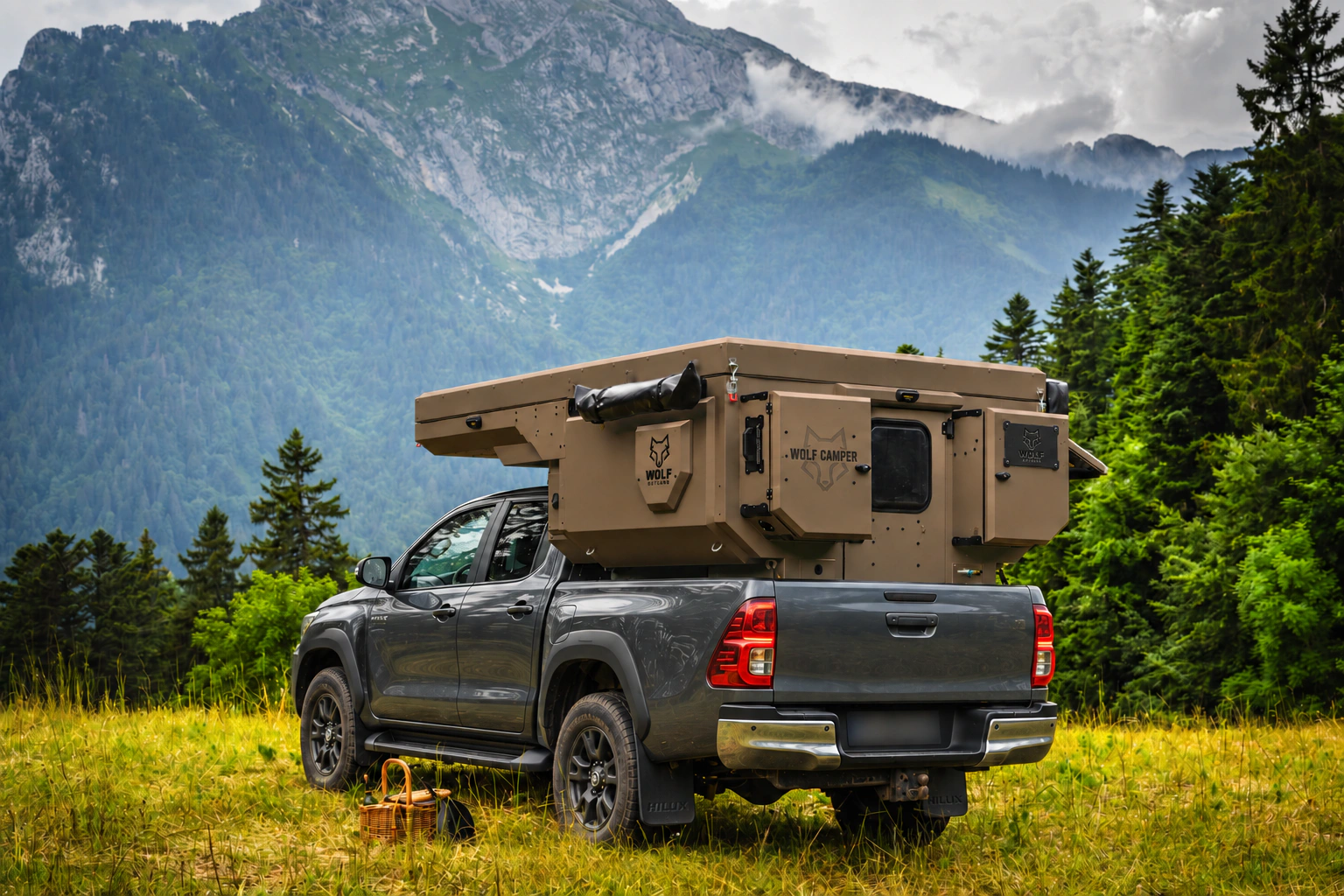 Toyota Hilux in anthracite grey with WOLF CAMPER in Bronze, solid cabinets — Rear left three-quarter, Roof closed, Black laser engraving.